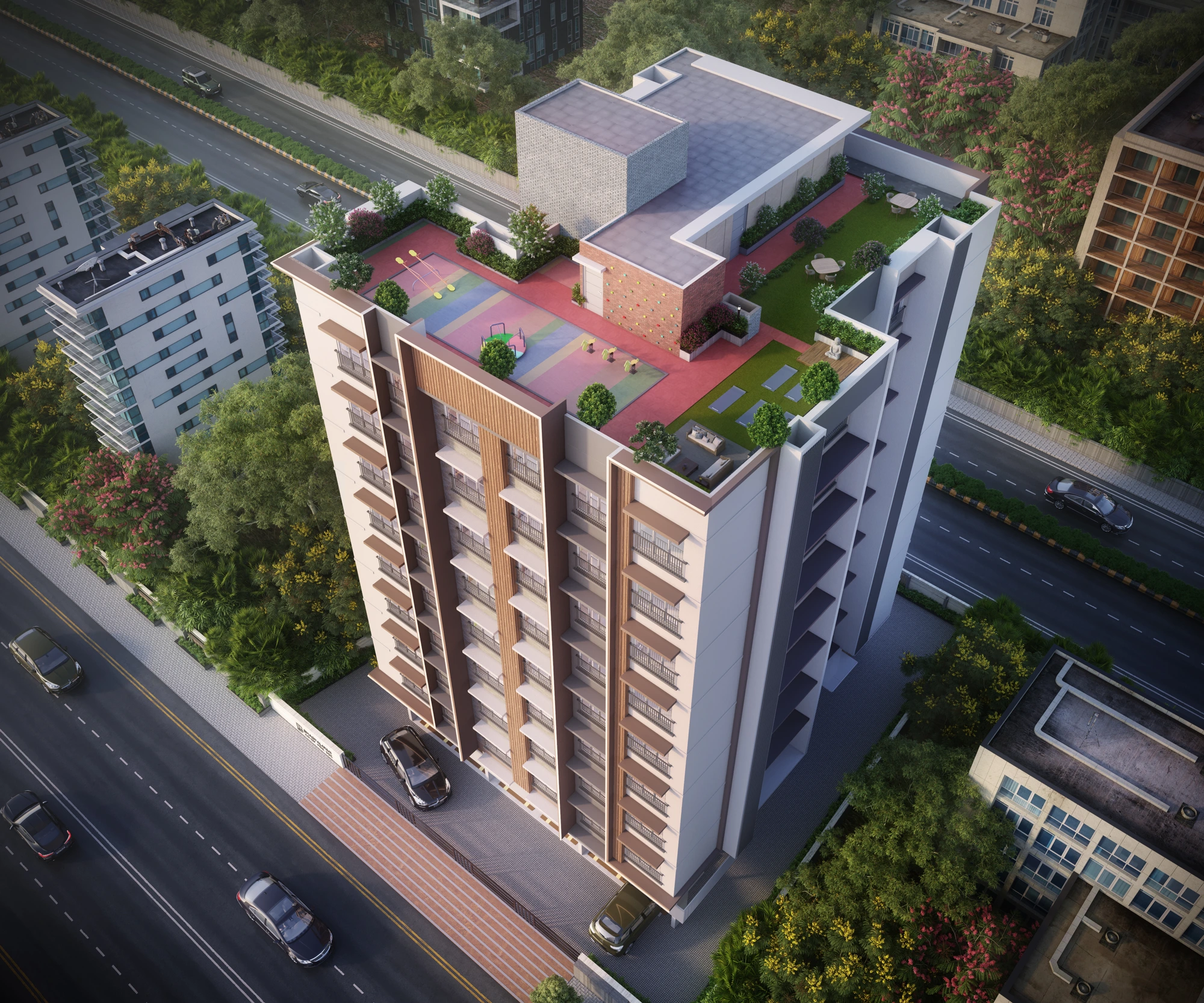 Aerial view — rooftop amenities