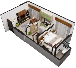1 BHK · 399 sq ft — isometric view