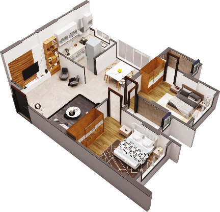 2 BHK · 615 sq ft — isometric view
