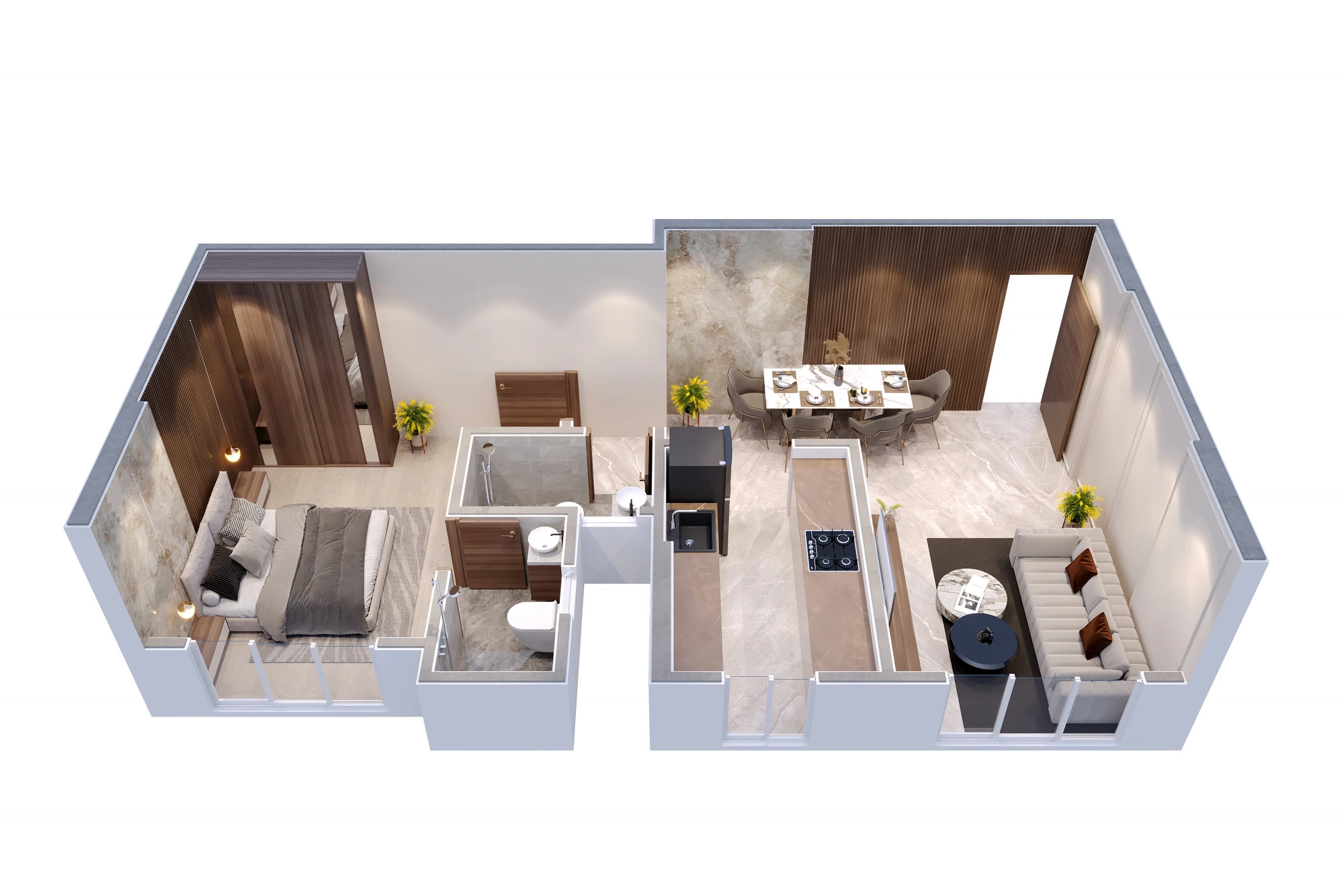 Flat 104 · 1 BHK — isometric view