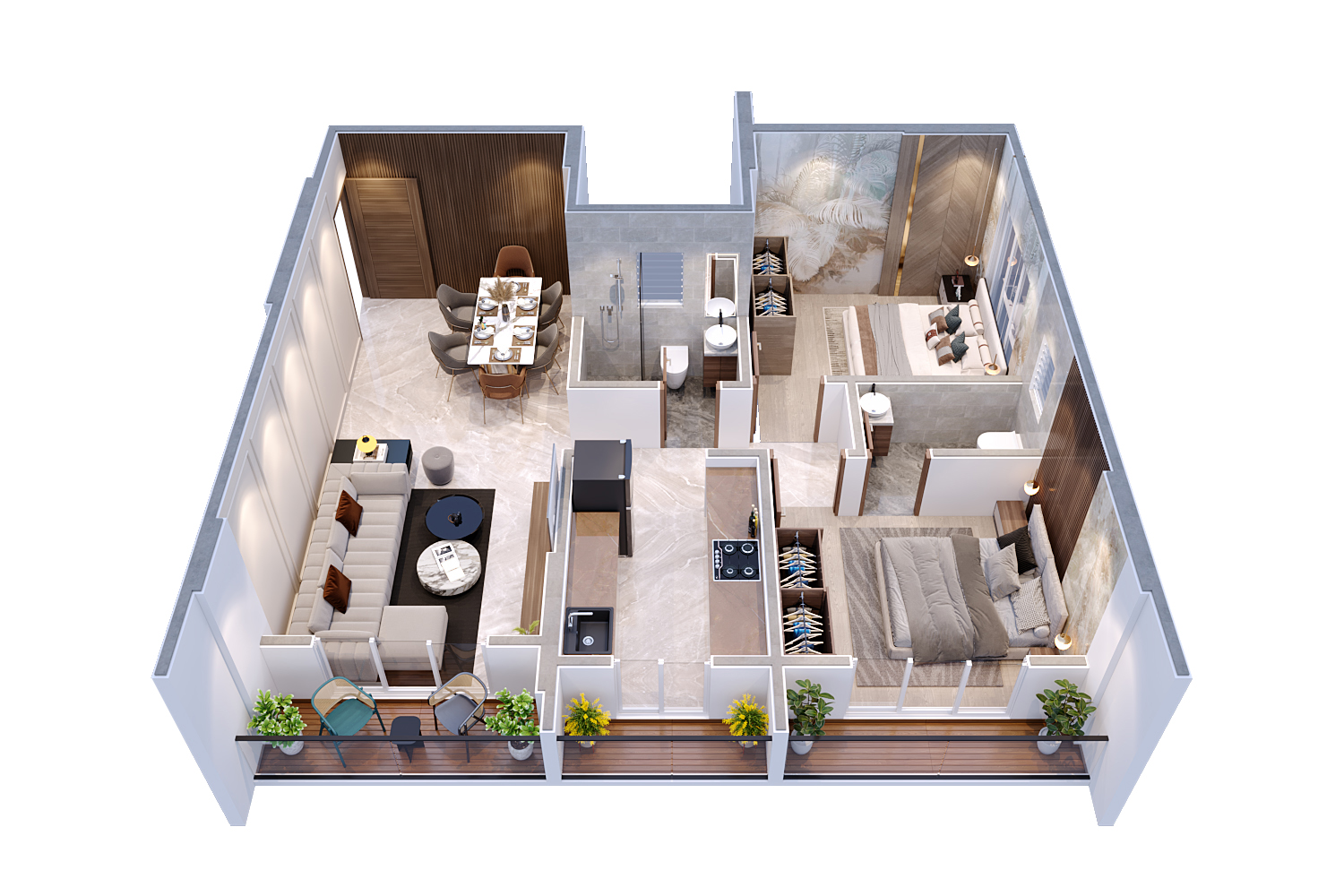 Flat 106 · 2 BHK with deck — isometric view
