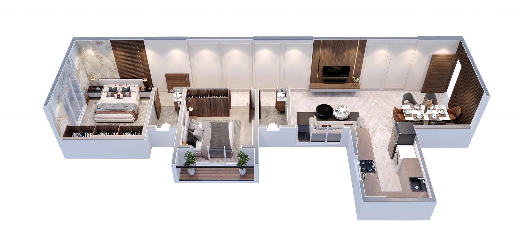 Flat 107 · 2 BHK — isometric view